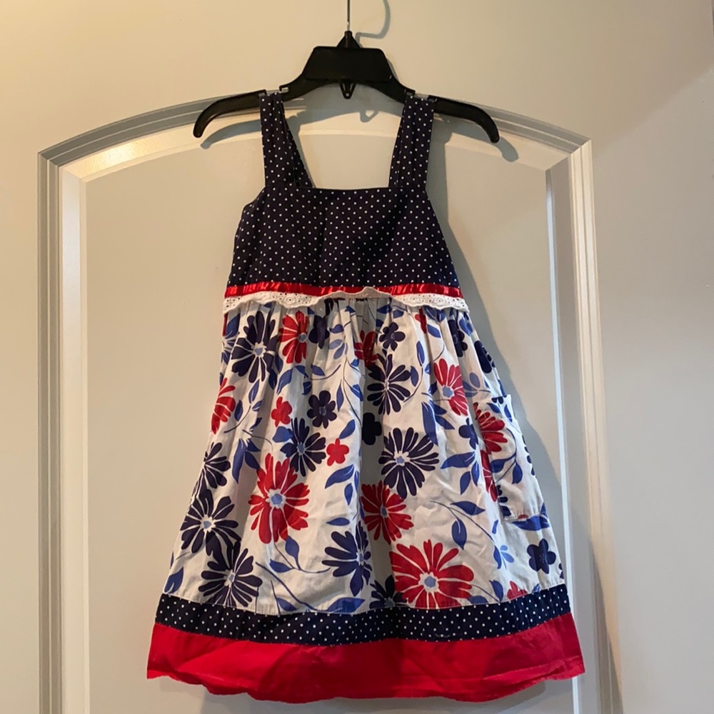 Girls Patriotic Red, White & Blue Floral Dress Size 5